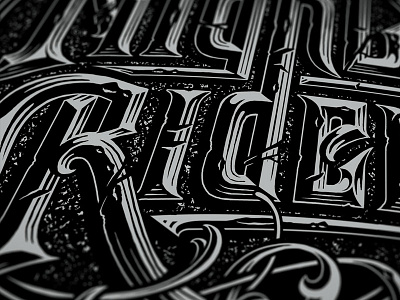 Chisel type close up black letter circle custom flourish hand drawn lettering line work serif typography vintage