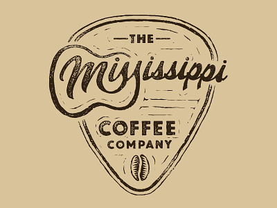 The Mississippi Coffee Company bean coffee design guitar hand drawn lettering logo mississippi pick script woodcut