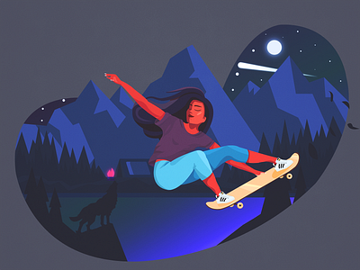 Skater girl 🤷‍♀️🛹 2020 adidas adidas originals campfire character design fire flame forest girl illustration illustrator lake moonlight mountain night skate star tent wolf