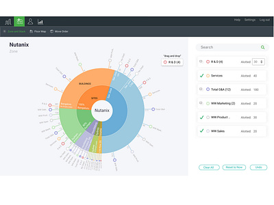 Sunburst Data Visualization advanced data visualization buildings d3js data data visualization data viz drag and drop elegant ui floors innovative lollipop planning simple ui space sunburst uiux web ui zoomin