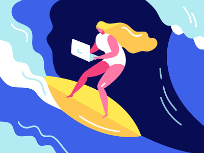 Freelance business freelance girl heat illustration laptop sea summer surfing swimsuit water wave