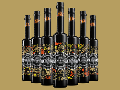 Label design for Rézangyal beverages bottle label medoks package packaging pattern rock spirit