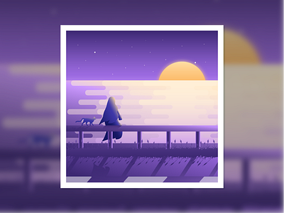 Sunset cat design flat design girl illustration nature purple road sea sun vector yellow