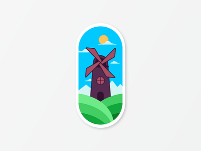 Windmill flat design green icon illustration mountain sky sticker windmill