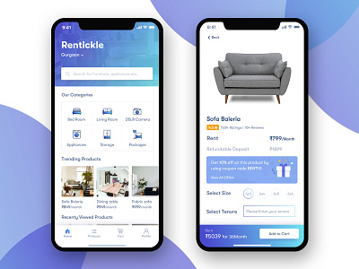 Rentickle app screens home screen iphone 10 product page renting app