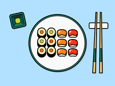 #42 Sushi 100daysofillustration 100daysofillustrationrp avocado chopsticks cucumber maki ngiri salmon sushi sushi roll wasabi