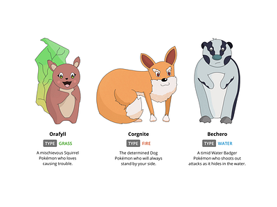 Pokémon Types animals badger characters concept corgi dog fire game grass illustration pokemon squirrel type water