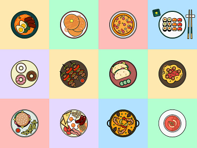 Food 100dayproject 100daysofillustrationrp branding burger chips design donuts food app icon illustration kebabs logo meatballs pancakes pizza ramen spaghetti sushi taco vector