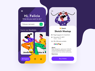 Daily UI 70 — Event Listing app branding colorful craftwork daily ui challenge dailyui design illustration mobile ui ux