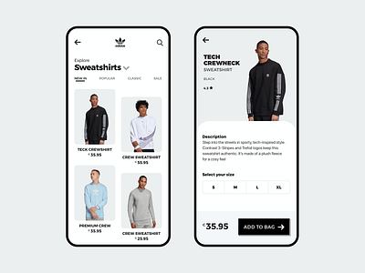 Adidas E-Commerce Clothes App add to bag adidas adidas originals app checkout flow clothes design e commerce app ecommerce fashion app landing page ui mobile product page select your size shopping app ui ux uxdesign web website