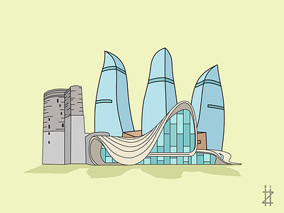 Baku, Azerbaijan architecture azerbaijan baku buildings center city country flame illustration maiden tower towers