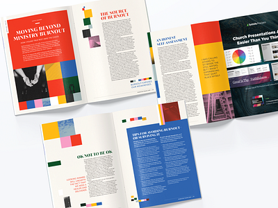 Ministry Team Magazine Article "Moving Beyond Ministry Burnout" article article design article page articles color color block color blocking editorial magazine magazine design ministry team modular red shapes square