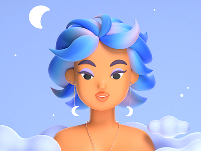 Head in the clouds 3d 3d art 3d character character girl illustration moon sky space star