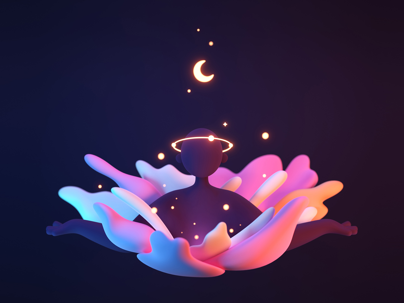 Flower of the Universe 3d abstract blender character color cosmos cyberpunk flower fluid galaxy hand illustration meditation moon space star violet