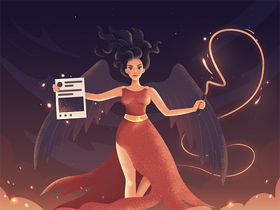 Nemesida angel character clouds fire goddes illustration post spark woman