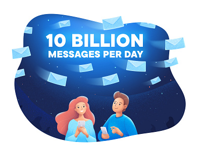 10 billion messages per day boy character envelope girl illustration message network space star texture
