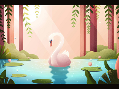 Swan flat grain illustration landscape light nature pond summer texture tree