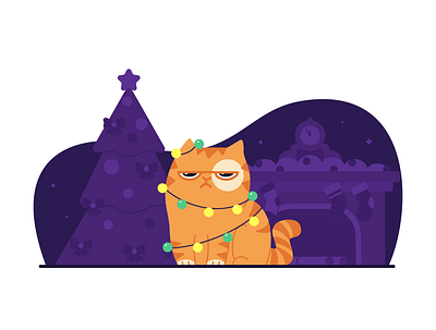 Christmas mood cat character fireplace flat holiday illustration new year night tree