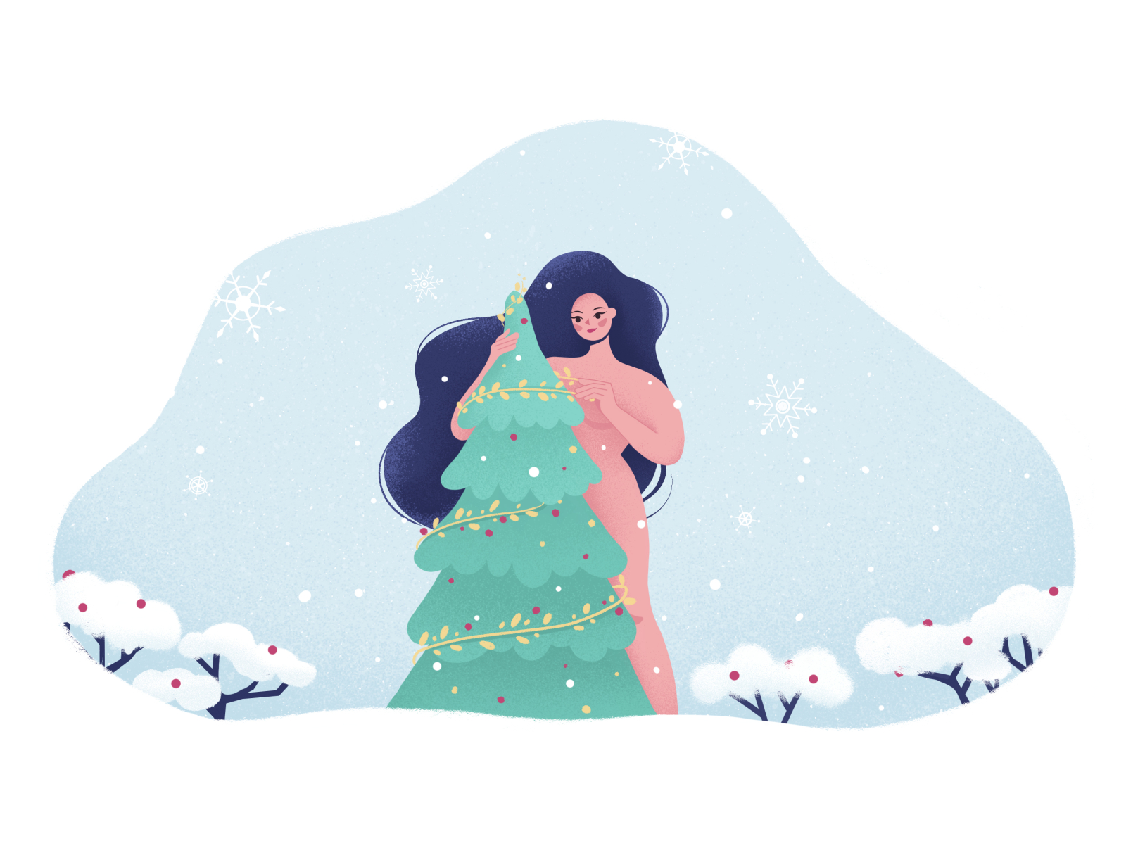 Christmas tree character girl holiday illustration nude snowflake texture winter