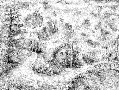 A country house black and white country countryside design drawing illustration mountains nature sketch