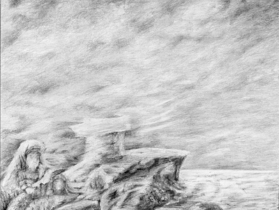 beautiful coast and the sea abstract black and white cloud clouds cold design graphic graphite drawing hand drawn illustration landscape mountain nature ocean rock sea sky stone water web