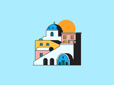 Oia city greece illustration minimalist santorini sun