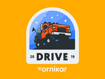 Drive By Ornikar badge event illustration logo patch pickup truck vector