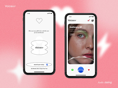 Audio Dating application - Concept app audio dating badoo clubhouse date datig heart illustration ios konturpasha logo noise okupid pink tinder typography ui ux vector voice