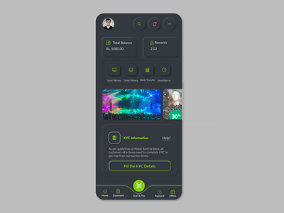 eSewa payment Dark UI - Conceptual app design concept dark app dark theme dark ui design esewa figma figmadesign financial home screen neon colors nepal nepali designer neumorphism payment payment app ui ui design