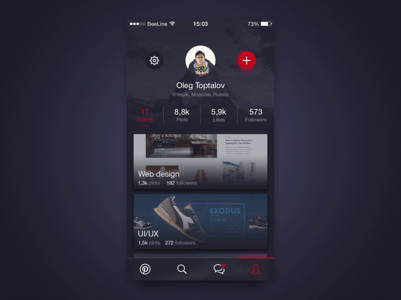 Profile page board card concept mobile pinterest