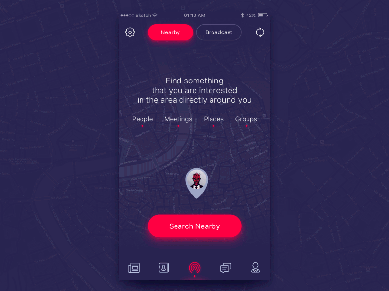 Search screen dark group meeting motion nearby people places search ui ux