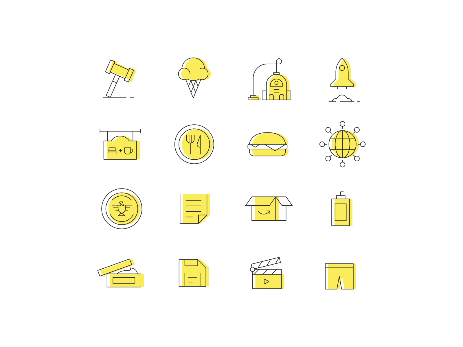 Icons paper spanx movie floppy disk cream shampoo package president business burger restaurant rocket vacuum icecream law iconography icons line stylized