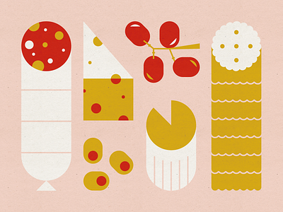 Charcuterie brie cheese charcuterie design food grapes illustration meat and cheese board mid century modern olives ritz crackers salami stylized swiss cheese vector