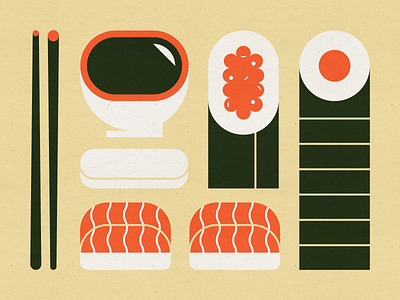 Sushi chopstick holder chopsticks design food illustration mid century modern salmon nigiri salmon roe soy sauce stylized sushi tuna roll vector