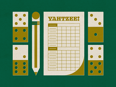 Yahtzee! design dice game grunge illustration mid century modern pencil retro score card stylized texture vintage yahtzee