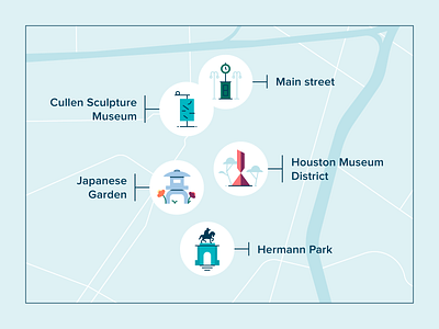 Houston Map city cullen sculpture museum hermann park houston iconography icons illustration japanese garden main st map museums vector