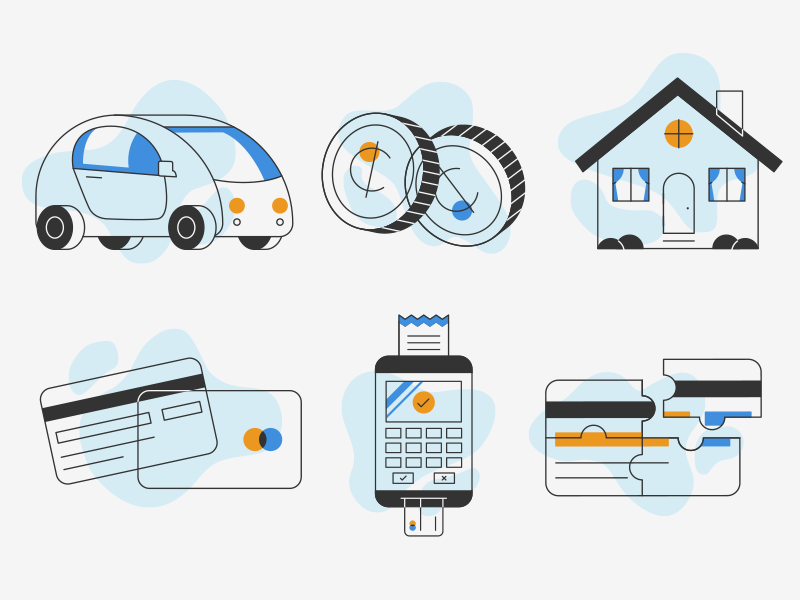 Credit Score Icons car house repair credit money design line stylized illustration