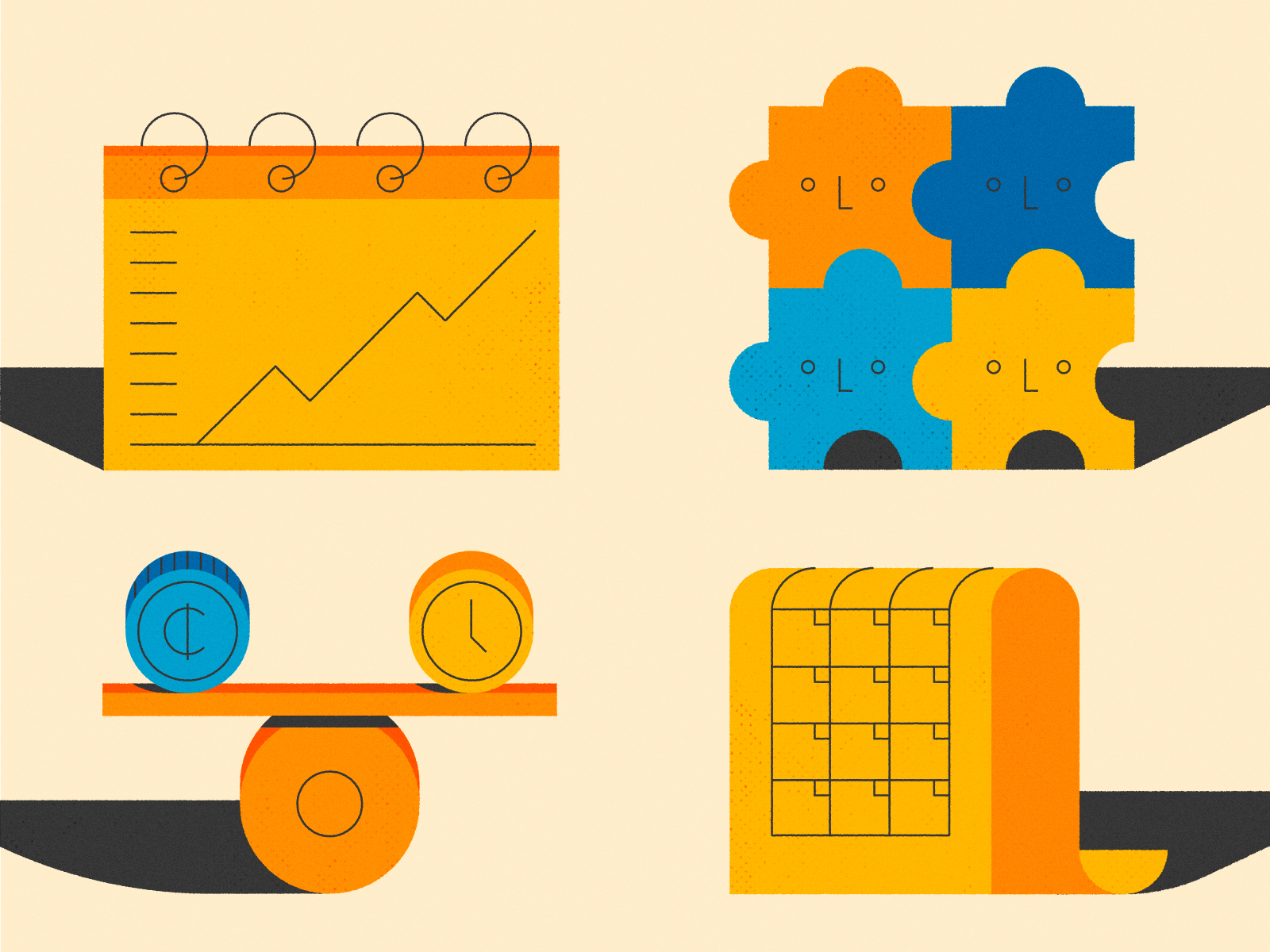 Job Benefits Icons design flexible schedule growth track illustration job puzzle stylized worklife balance