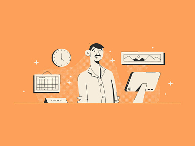 Hello! character computer design desk illustration man manager name tag stylized