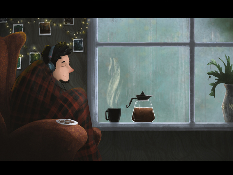Rainy Day home music cookies lazy rain coffee wacom photoshop art illustration rainy rainyday