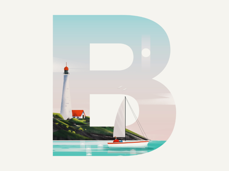 B for Beach, boat and birds alphabet b lighthouse illustration 36daysoftype boat beach