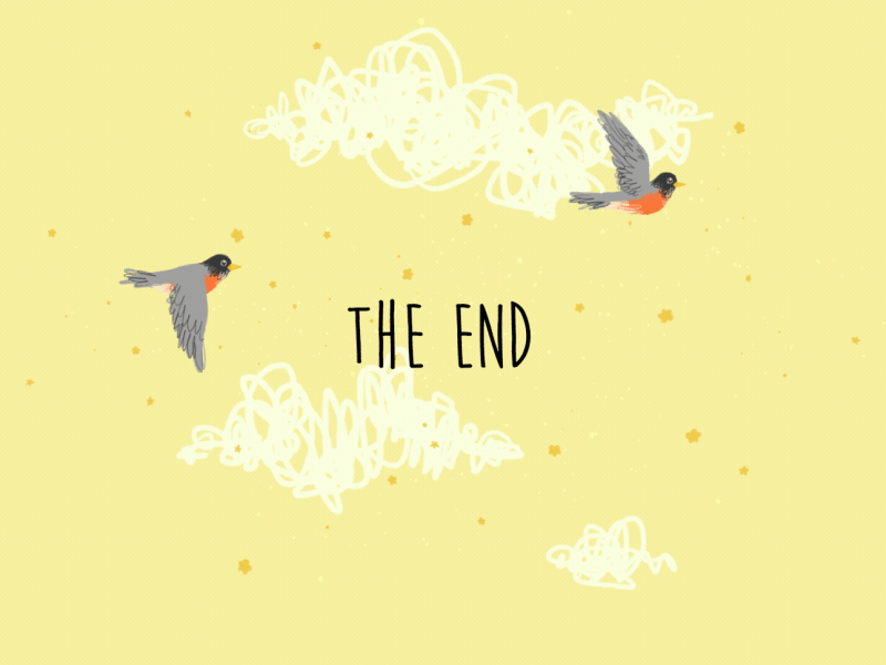 The End. The Beginning. A New Year. birds clouds end gif in flight loop new year sketch squiggle the end yellow