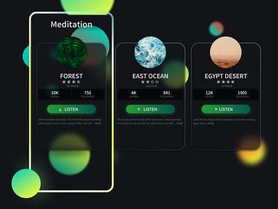 Meditation App-Dark Theme android app apple dark theme figma glass glassmorphism glow gradients ios meditation swipe ui