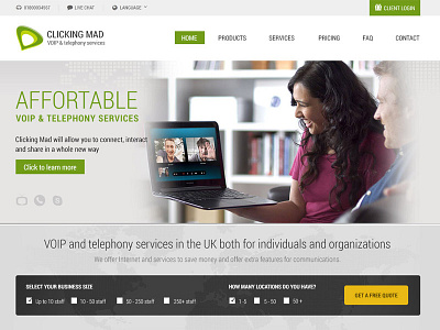 Homepage of Clickingmad Company business company photoshop responsive design telephony services voip web design