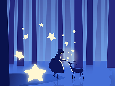 a illustration practice: in the Quiet Forest cartoon dream fairy fantasy flat illustration forest girl