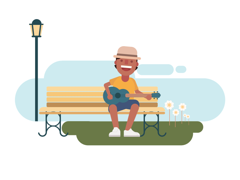 Ukulele Man bench flowers garden gif grass guitar light man music street ukulele