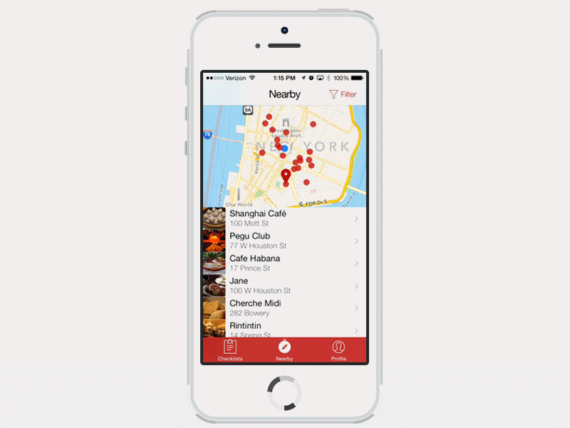 Thrillist App: Nearby View app gif ios ios7 iphone map nearby restaurant tab bar thrillist venue