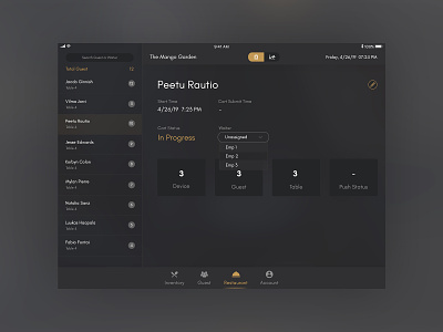 Guest-Waiter android app design application application design black design guest ios ios 11 luxury design luxury font restaurant restaurant table table booking tablet typography ui ui design uiux waiter