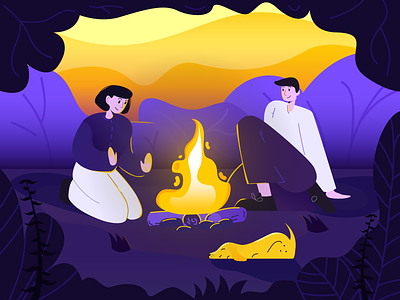 Campfire 2d boy campfire camping design fire forest girl graphic design illustration purple vector