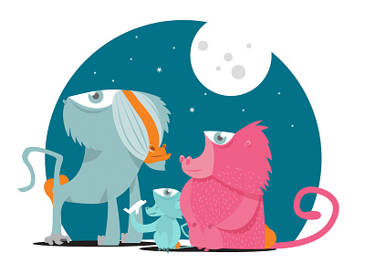 Baboons animals baboons childrens book family illustration night vector